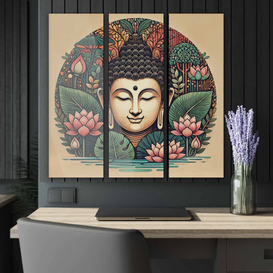 Anicent-Buddha-Lotus-Flower-Design-Art-Acrylic-Print-Triptych 