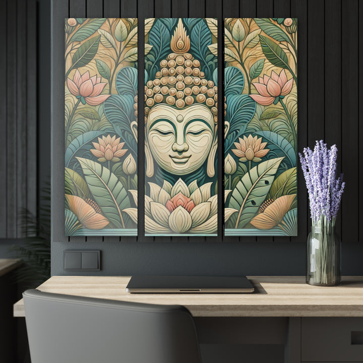 Anicent-Buddha-Lotus-Flower-Design-Art-Acrylic-Print-Triptych 