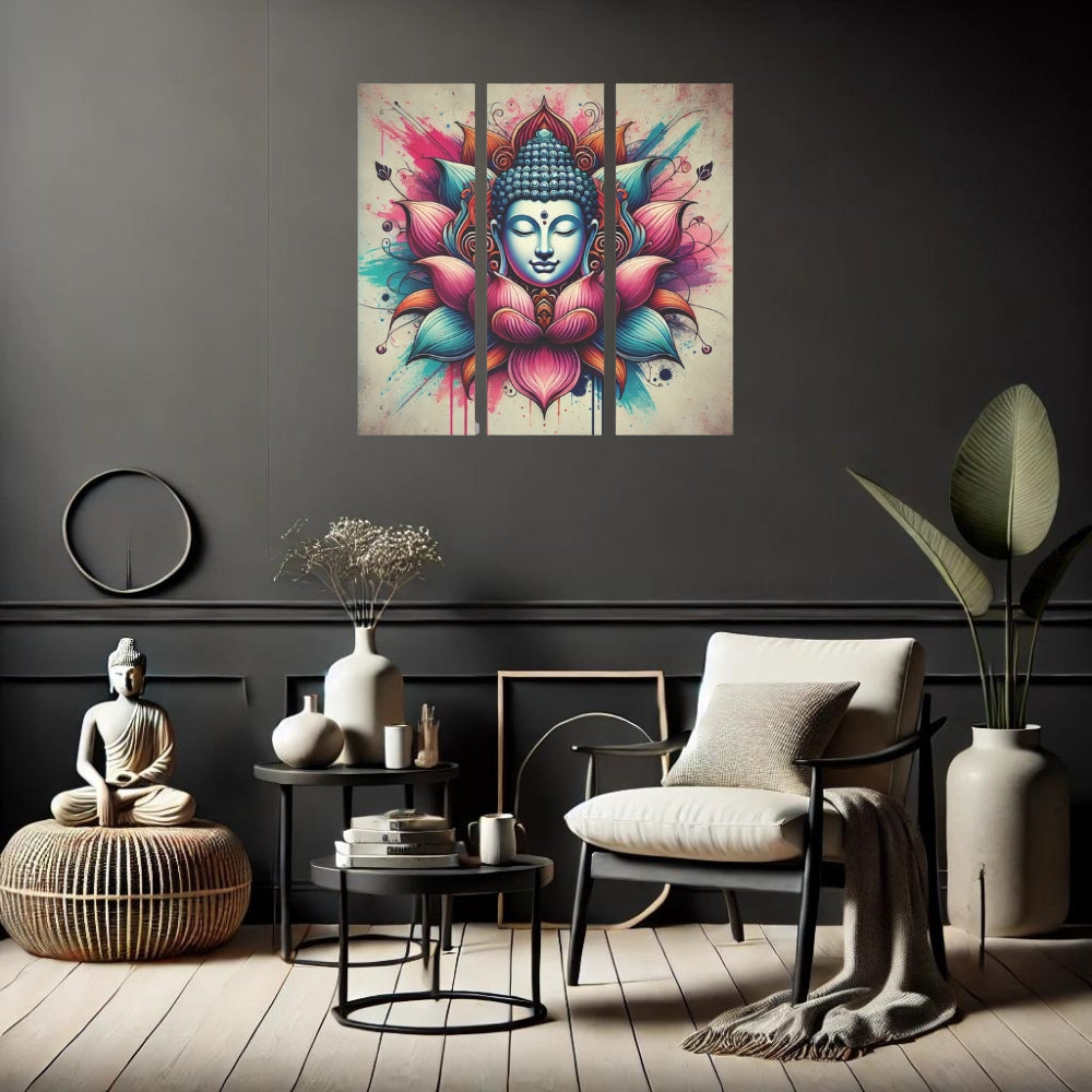 Anicent-Buddha-Lotus-Flower-Design-Art-Acrylic-Print-Triptych 