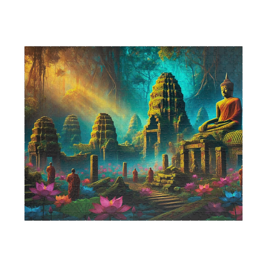 A colorful and mystical scene of ancient Buddhist temple ruins in a foggy jungle, with monks in saffron robes walking and meditating among vibrant lotus flowers and crumbling stone statues of Buddha.