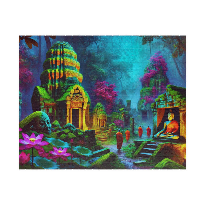 A colorful and mystical scene of ancient Buddhist temple ruins in a foggy jungle, with monks in saffron robes walking and meditating among vibrant lotus flowers and crumbling stone statues of Buddha.