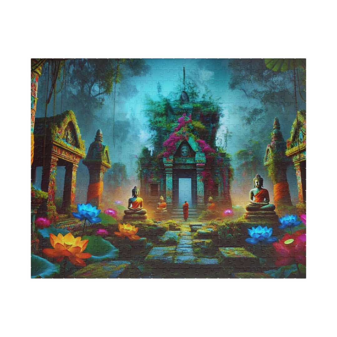 A colorful and mystical scene of ancient Buddhist temple ruins in a foggy jungle, with monks in saffron robes walking and meditating among vibrant lotus flowers and crumbling stone statues of Buddha.