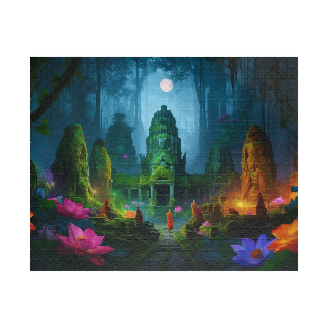 A colorful and mystical scene of ancient Buddhist temple ruins in a foggy jungle, with monks in saffron robes walking and meditating among vibrant lotus flowers and crumbling stone statues of Buddha.