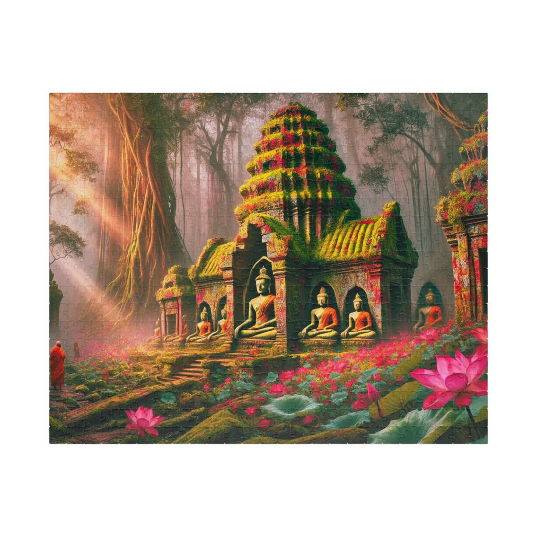 A colorful and mystical scene of ancient Buddhist temple ruins in a foggy jungle, with monks in saffron robes walking and meditating among vibrant lotus flowers and crumbling stone statues of Buddha.