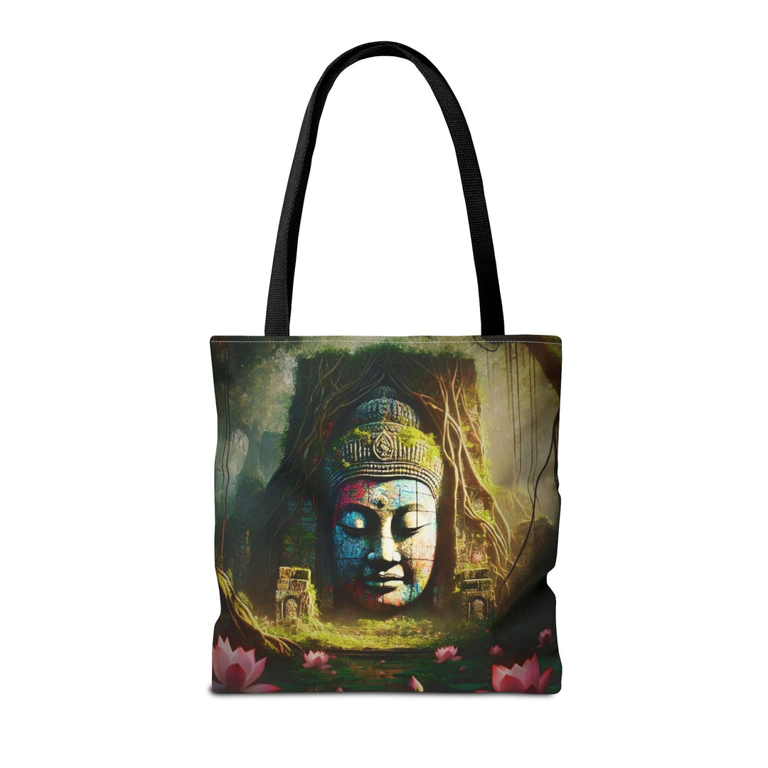 Peaceful Tote Bag by Zen Lotus Boutique, custom printed 16x16 tote made with durable spun polyester, featuring serene designs, double-stitched seams, cotton webbing straps, and a nonwoven laminate lining.