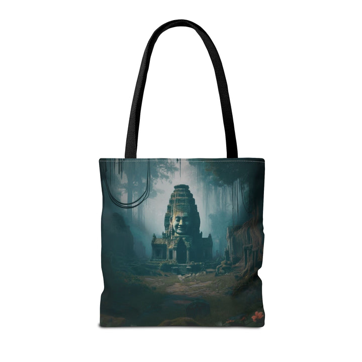 Peaceful Tote Bag by Zen Lotus Boutique, custom printed 16x16 tote made with durable spun polyester, featuring serene designs, double-stitched seams, cotton webbing straps, and a nonwoven laminate lining.