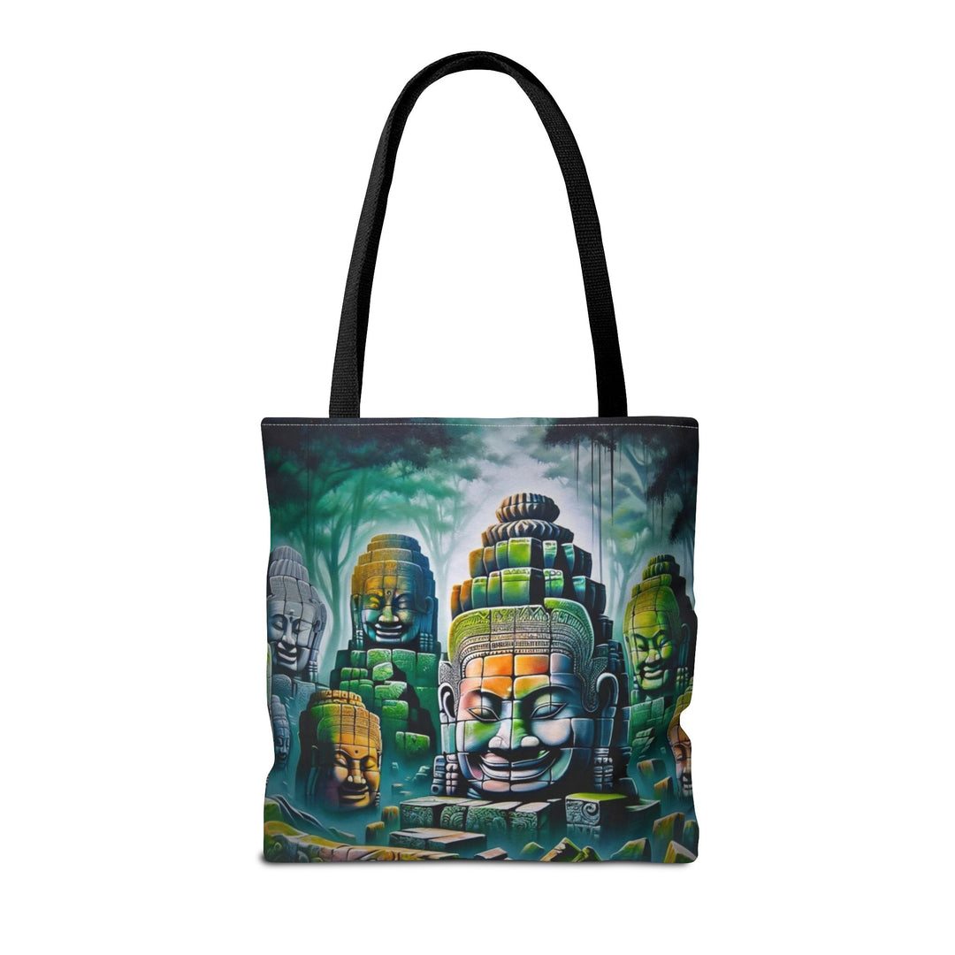 Peaceful Tote Bag by Zen Lotus Boutique, custom printed 16x16 tote made with durable spun polyester, featuring serene designs, double-stitched seams, cotton webbing straps, and a nonwoven laminate lining.