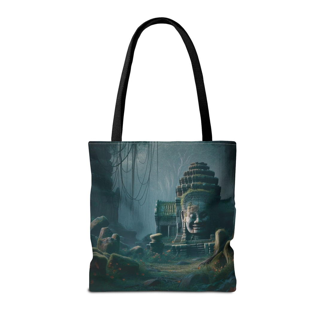 Peaceful Tote Bag by Zen Lotus Boutique, custom printed 16x16 tote made with durable spun polyester, featuring serene designs, double-stitched seams, cotton webbing straps, and a nonwoven laminate lining.