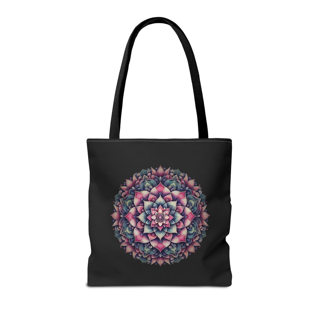 Peaceful Tote Bag by Zen Lotus Boutique, custom printed 16x16 tote made with durable spun polyester, featuring serene designs, double-stitched seams, cotton webbing straps, and a nonwoven laminate lining.