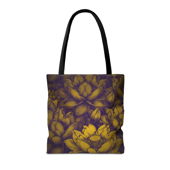 Peaceful Tote Bag by Zen Lotus Boutique, custom printed 16x16 tote made with durable spun polyester, featuring serene designs, double-stitched seams, cotton webbing straps, and a nonwoven laminate lining.