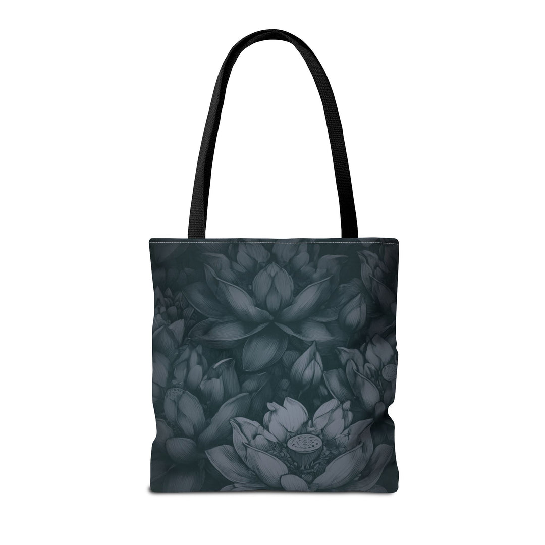 Peaceful Tote Bag by Zen Lotus Boutique, custom printed 16x16 tote made with durable spun polyester, featuring serene designs, double-stitched seams, cotton webbing straps, and a nonwoven laminate lining.