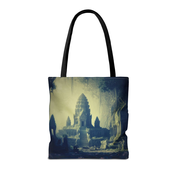 Peaceful Tote Bag by Zen Lotus Boutique, custom printed 16x16 tote made with durable spun polyester, featuring serene designs, double-stitched seams, cotton webbing straps, and a nonwoven laminate lining.