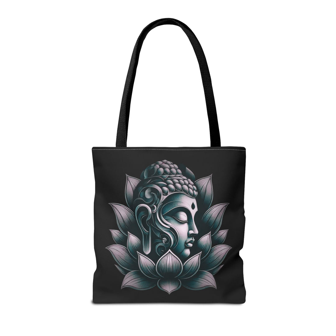 Peaceful Tote Bag by Zen Lotus Boutique, custom printed 16x16 tote made with durable spun polyester, featuring serene designs, double-stitched seams, cotton webbing straps, and a nonwoven laminate lining.