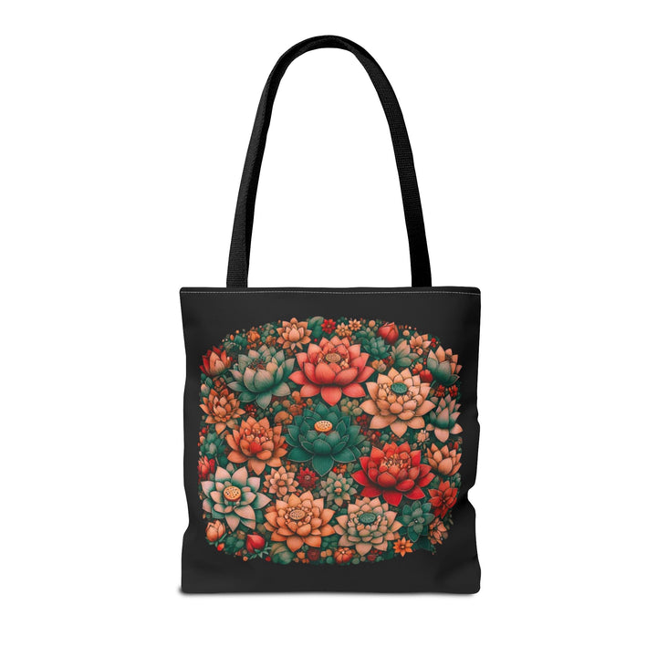 Peaceful Tote Bag by Zen Lotus Boutique, custom printed 16x16 tote made with durable spun polyester, featuring serene designs, double-stitched seams, cotton webbing straps, and a nonwoven laminate lining.