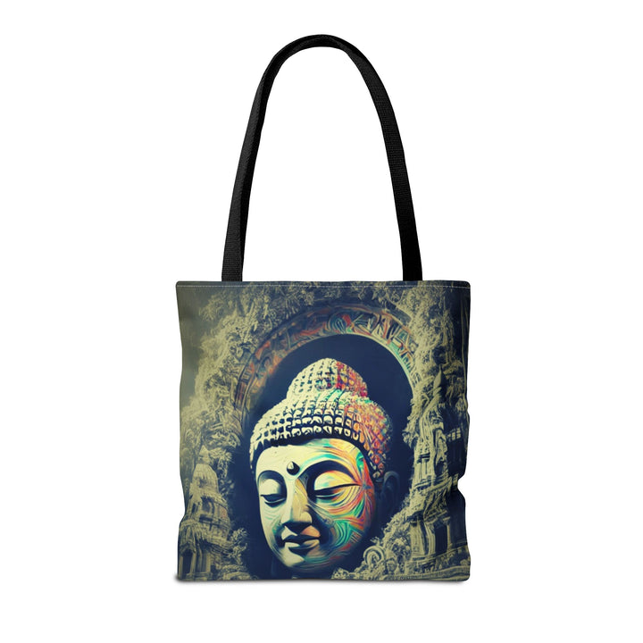 Peaceful Tote Bag by Zen Lotus Boutique, custom printed 16x16 tote made with durable spun polyester, featuring serene designs, double-stitched seams, cotton webbing straps, and a nonwoven laminate lining.