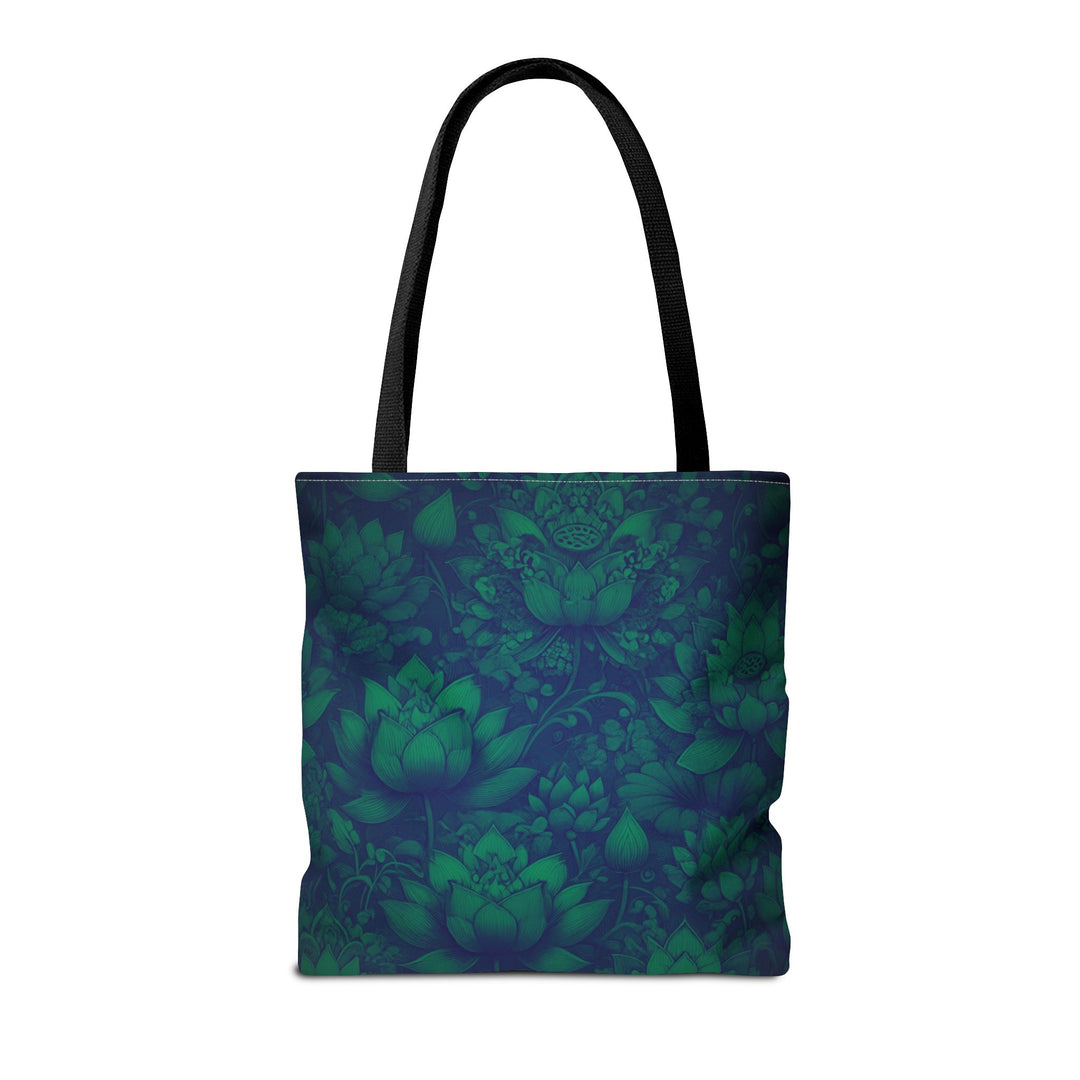 Peaceful Tote Bag by Zen Lotus Boutique, custom printed 16x16 tote made with durable spun polyester, featuring serene designs, double-stitched seams, cotton webbing straps, and a nonwoven laminate lining.