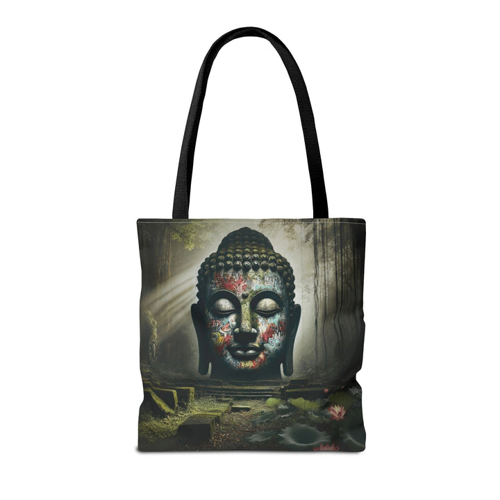 Peaceful Tote Bag by Zen Lotus Boutique, custom printed 16x16 tote made with durable spun polyester, featuring serene designs, double-stitched seams, cotton webbing straps, and a nonwoven laminate lining.