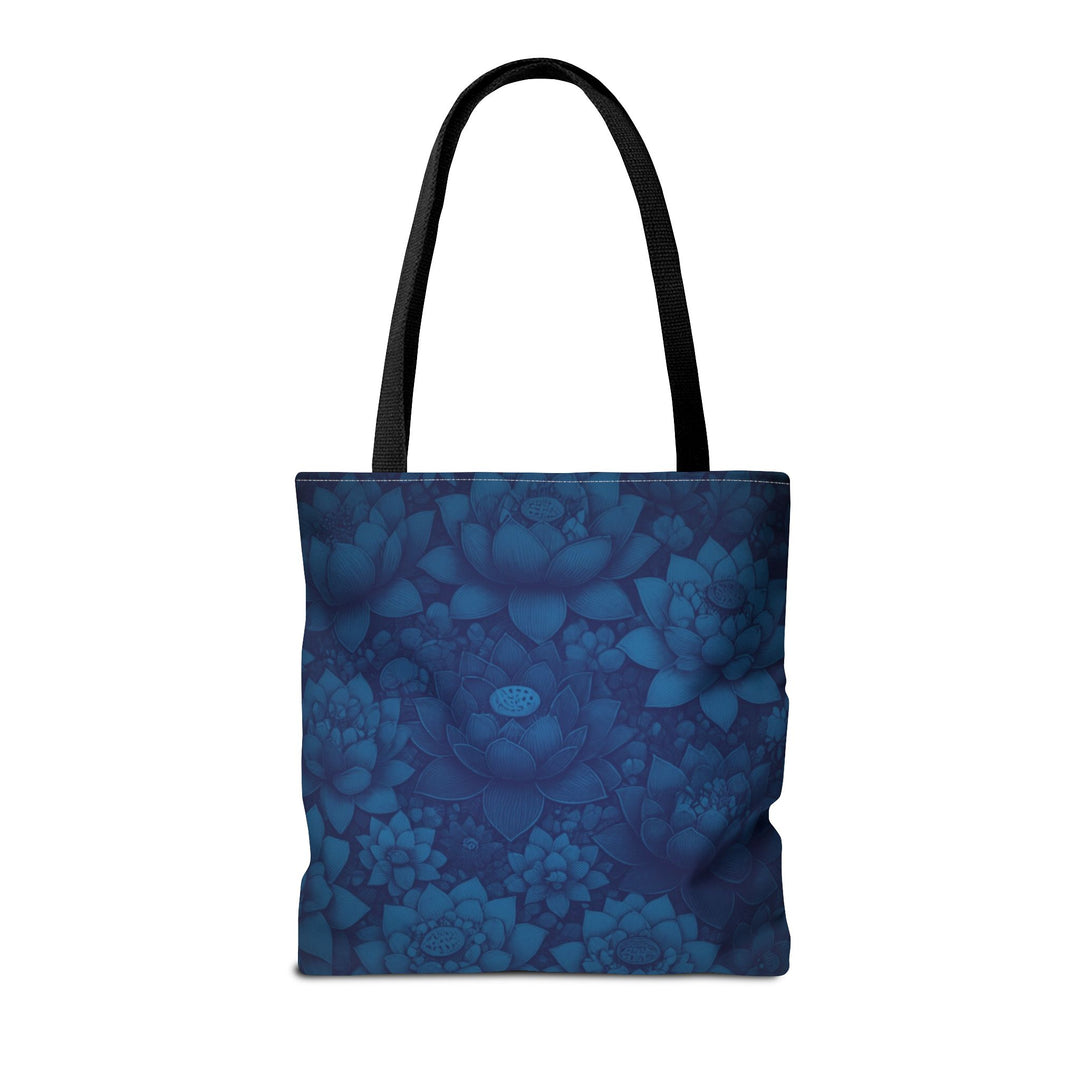 Peaceful Tote Bag by Zen Lotus Boutique, custom printed 16x16 tote made with durable spun polyester, featuring serene designs, double-stitched seams, cotton webbing straps, and a nonwoven laminate lining.