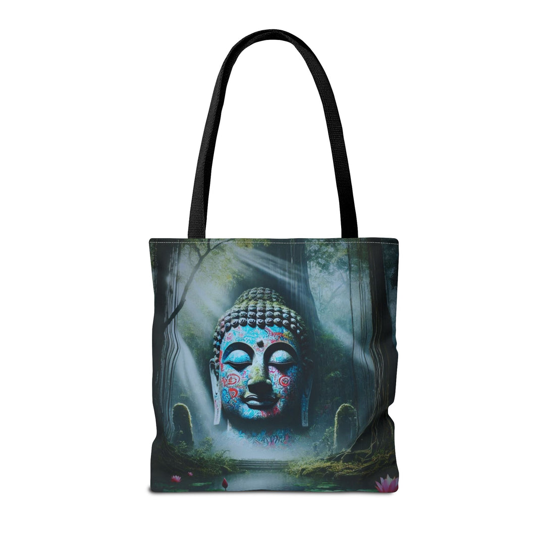 Peaceful Tote Bag by Zen Lotus Boutique, custom printed 16x16 tote made with durable spun polyester, featuring serene designs, double-stitched seams, cotton webbing straps, and a nonwoven laminate lining.