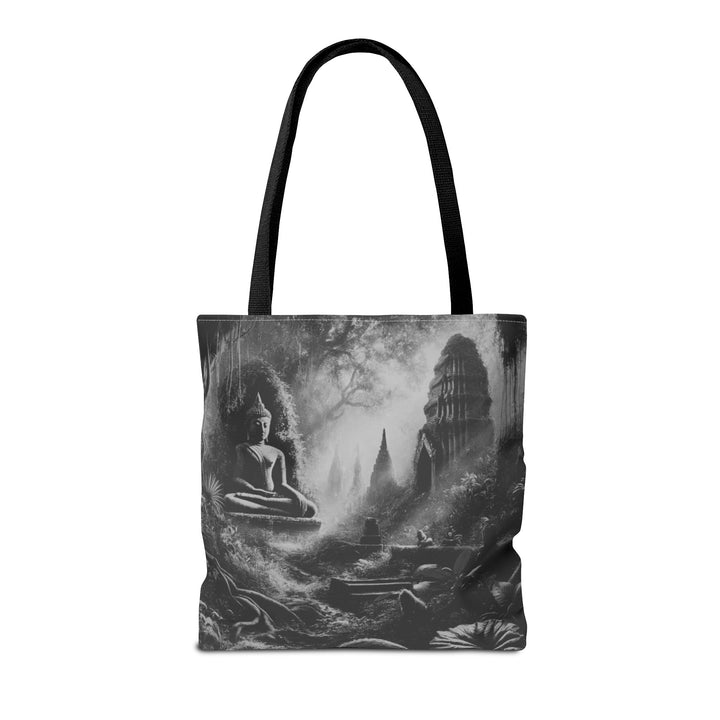 Peaceful Tote Bag by Zen Lotus Boutique, custom printed 16x16 tote made with durable spun polyester, featuring serene designs, double-stitched seams, cotton webbing straps, and a nonwoven laminate lining.