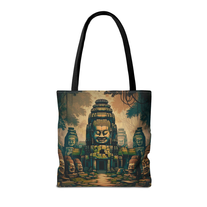 Peaceful Tote Bag by Zen Lotus Boutique, custom printed 16x16 tote made with durable spun polyester, featuring serene designs, double-stitched seams, cotton webbing straps, and a nonwoven laminate lining.