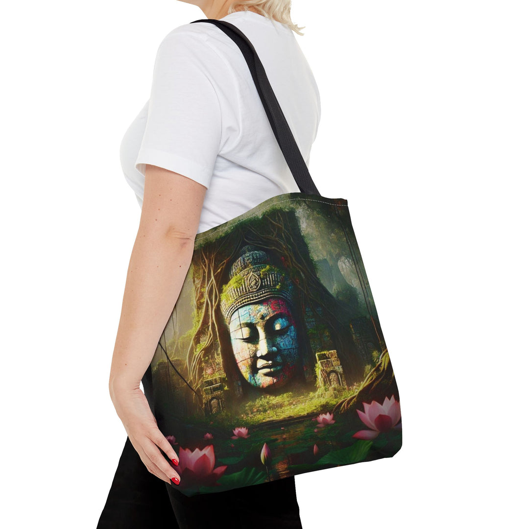 Peaceful Tote Bag by Zen Lotus Boutique, custom printed 16x16 tote made with durable spun polyester, featuring serene designs, double-stitched seams, cotton webbing straps, and a nonwoven laminate lining.