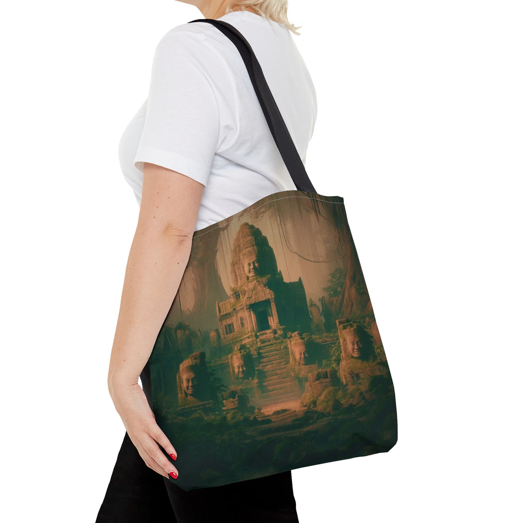 Peaceful Tote Bag by Zen Lotus Boutique, custom printed 16x16 tote made with durable spun polyester, featuring serene designs, double-stitched seams, cotton webbing straps, and a nonwoven laminate lining.