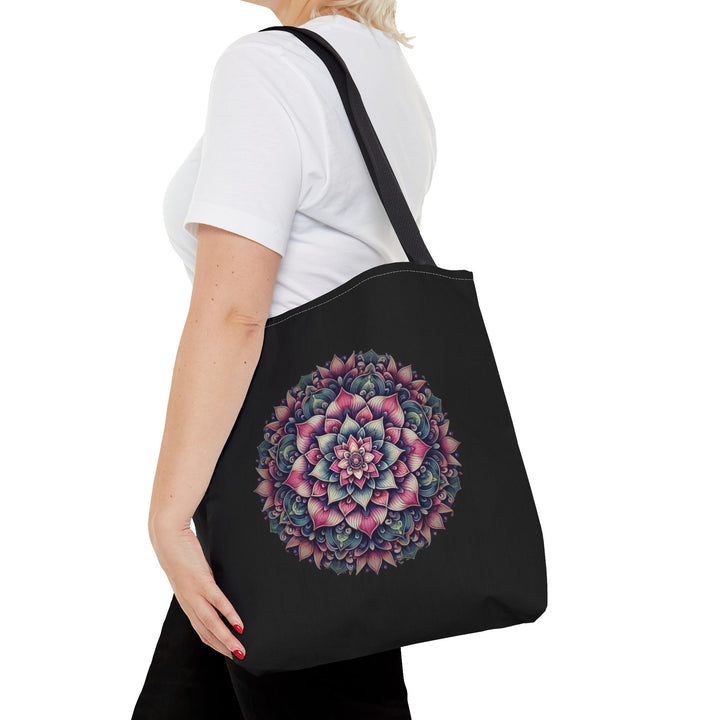 Peaceful Tote Bag by Zen Lotus Boutique, custom printed 16x16 tote made with durable spun polyester, featuring serene designs, double-stitched seams, cotton webbing straps, and a nonwoven laminate lining.