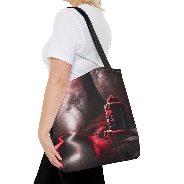 Peaceful Tote Bag by Zen Lotus Boutique, custom printed 16x16 tote made with durable spun polyester, featuring serene designs, double-stitched seams, cotton webbing straps, and a nonwoven laminate lining.