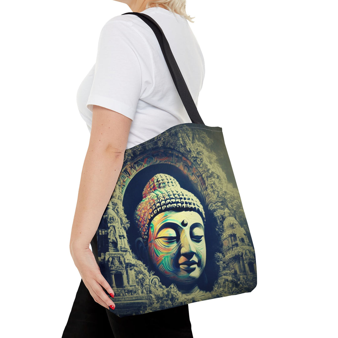 Peaceful Tote Bag by Zen Lotus Boutique, custom printed 16x16 tote made with durable spun polyester, featuring serene designs, double-stitched seams, cotton webbing straps, and a nonwoven laminate lining.