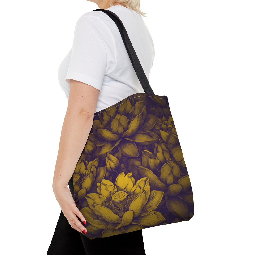 Peaceful Tote Bag by Zen Lotus Boutique, custom printed 16x16 tote made with durable spun polyester, featuring serene designs, double-stitched seams, cotton webbing straps, and a nonwoven laminate lining.