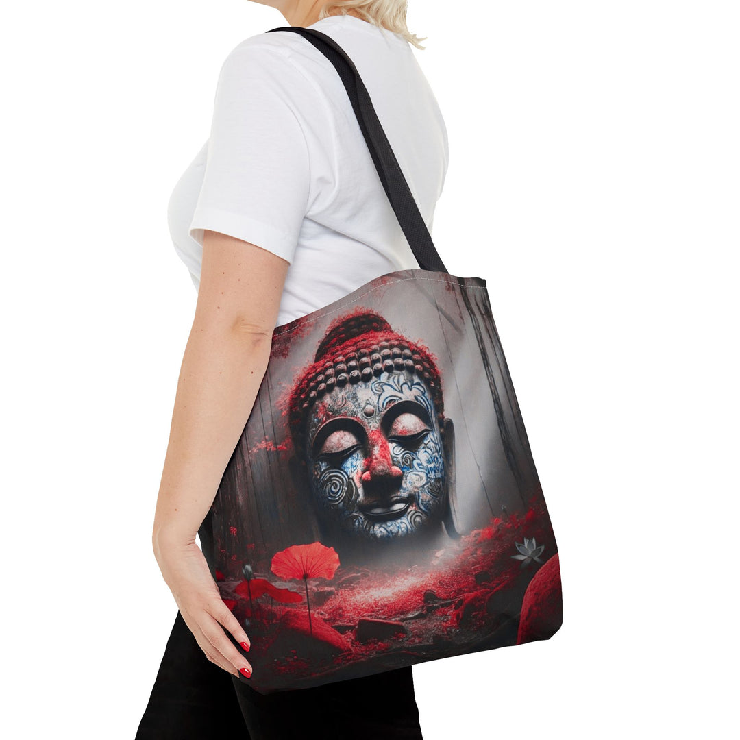 Peaceful Tote Bag by Zen Lotus Boutique, custom printed 16x16 tote made with durable spun polyester, featuring serene designs, double-stitched seams, cotton webbing straps, and a nonwoven laminate lining.