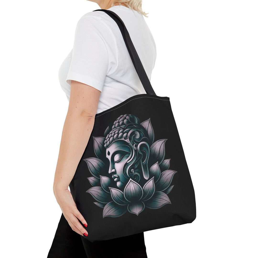 Peaceful Tote Bag by Zen Lotus Boutique, custom printed 16x16 tote made with durable spun polyester, featuring serene designs, double-stitched seams, cotton webbing straps, and a nonwoven laminate lining.