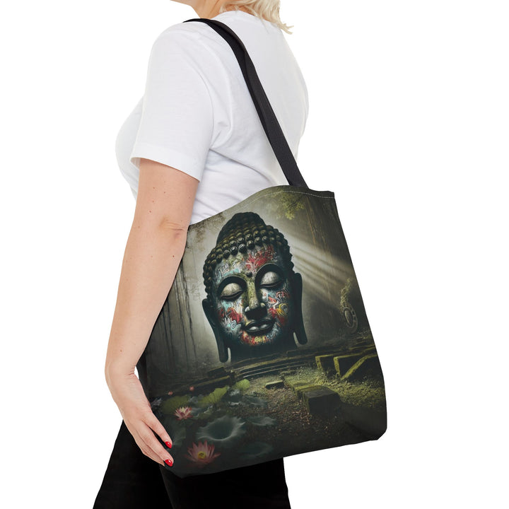 Peaceful Tote Bag by Zen Lotus Boutique, custom printed 16x16 tote made with durable spun polyester, featuring serene designs, double-stitched seams, cotton webbing straps, and a nonwoven laminate lining.