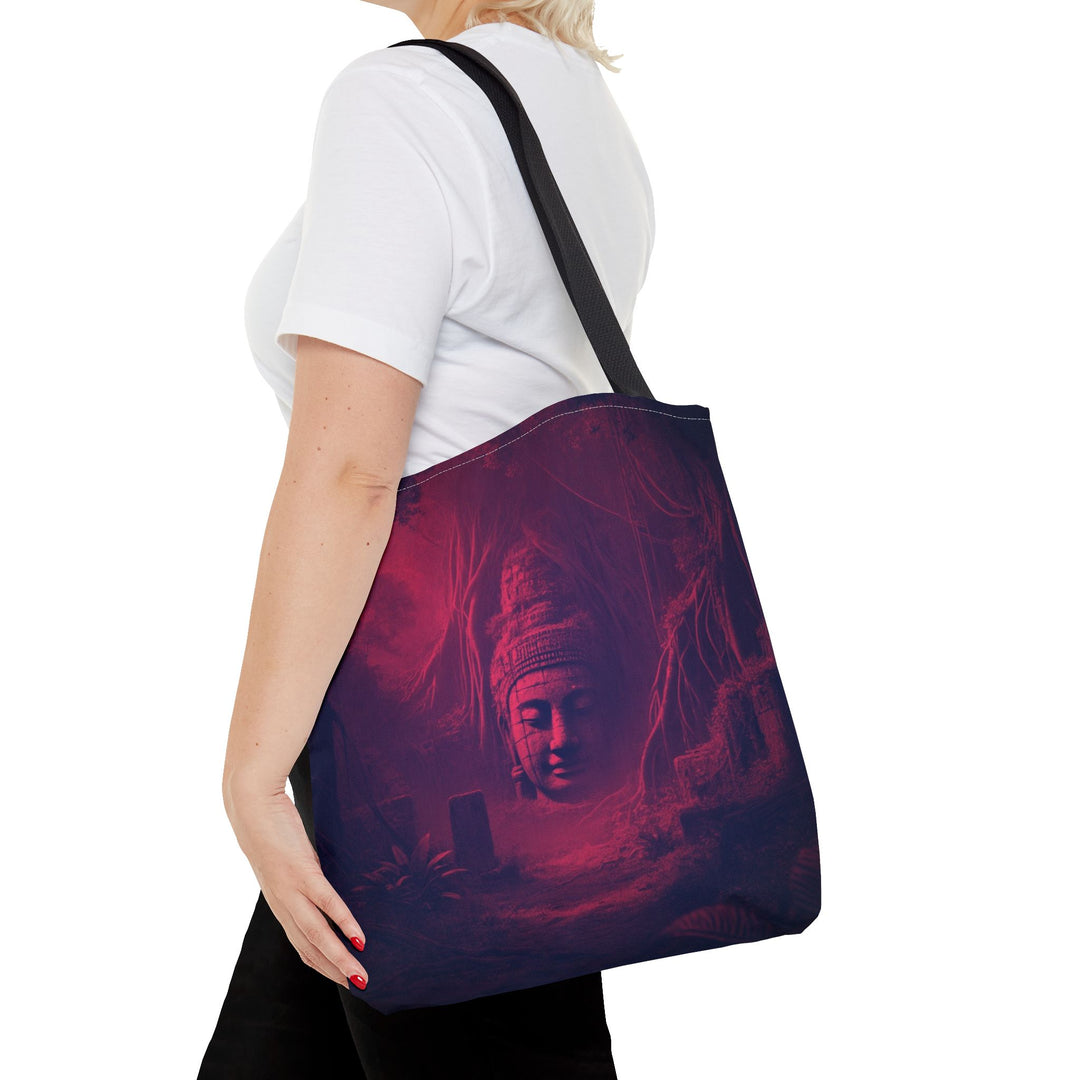 Peaceful Tote Bag by Zen Lotus Boutique, custom printed 16x16 tote made with durable spun polyester, featuring serene designs, double-stitched seams, cotton webbing straps, and a nonwoven laminate lining.