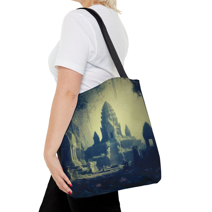 Peaceful Tote Bag by Zen Lotus Boutique, custom printed 16x16 tote made with durable spun polyester, featuring serene designs, double-stitched seams, cotton webbing straps, and a nonwoven laminate lining.