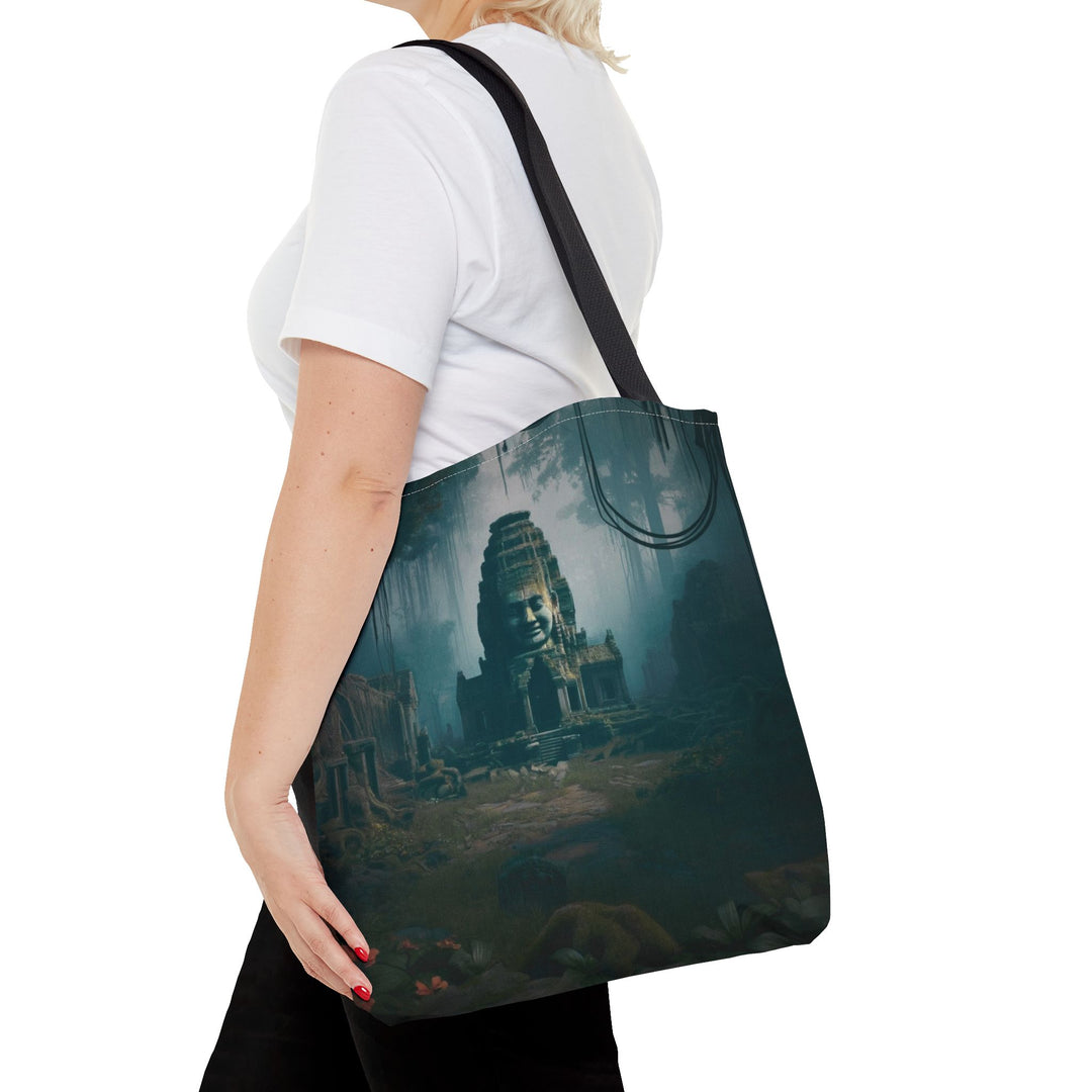 Peaceful Tote Bag by Zen Lotus Boutique, custom printed 16x16 tote made with durable spun polyester, featuring serene designs, double-stitched seams, cotton webbing straps, and a nonwoven laminate lining.