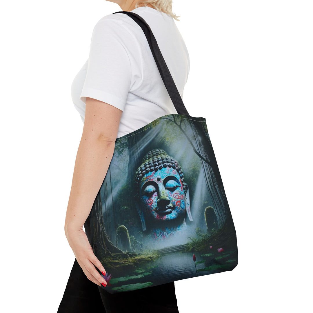 Peaceful Tote Bag by Zen Lotus Boutique, custom printed 16x16 tote made with durable spun polyester, featuring serene designs, double-stitched seams, cotton webbing straps, and a nonwoven laminate lining.