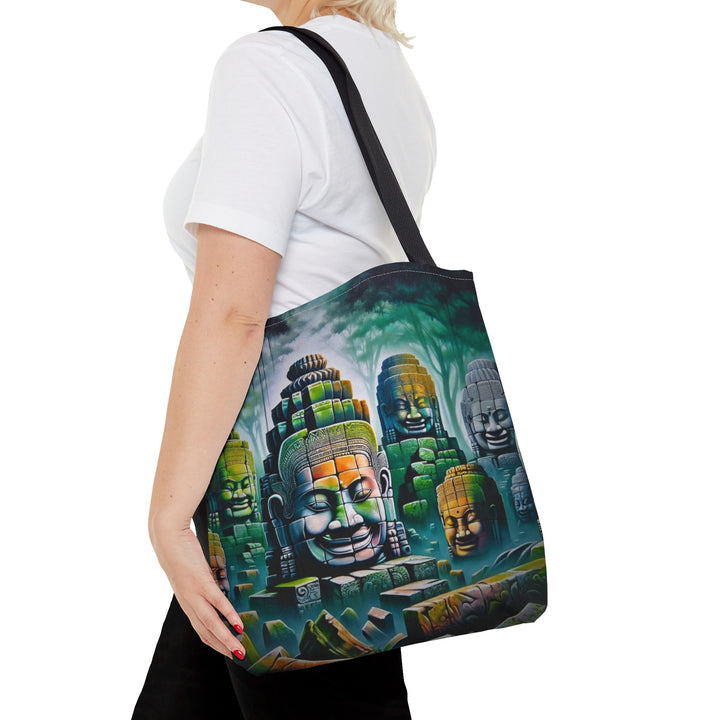 Peaceful Tote Bag by Zen Lotus Boutique, custom printed 16x16 tote made with durable spun polyester, featuring serene designs, double-stitched seams, cotton webbing straps, and a nonwoven laminate lining.