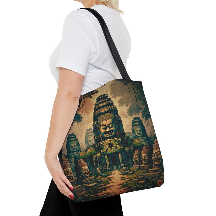 Peaceful Tote Bag by Zen Lotus Boutique, custom printed 16x16 tote made with durable spun polyester, featuring serene designs, double-stitched seams, cotton webbing straps, and a nonwoven laminate lining.