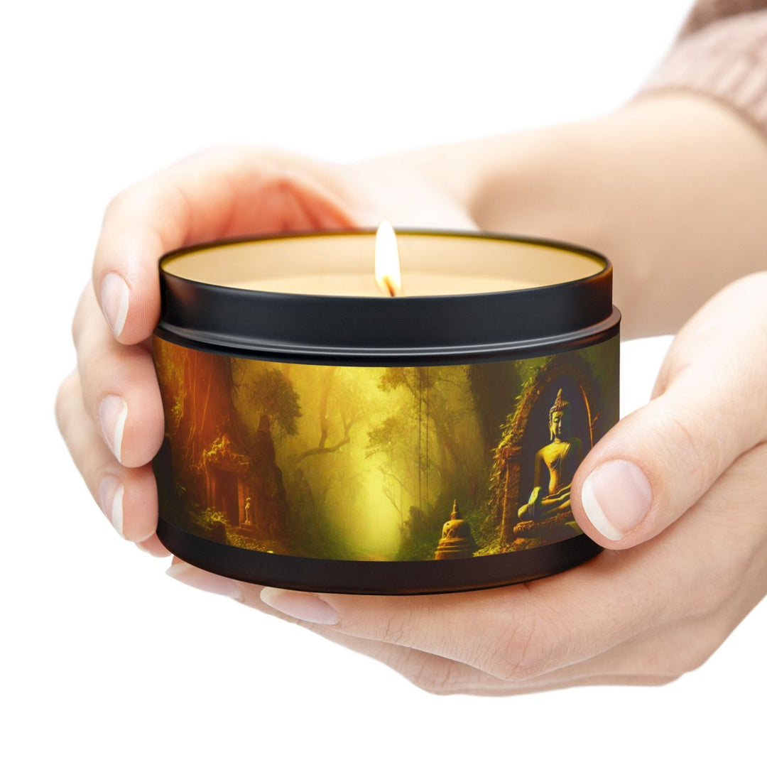 Harmony Tin Candle in an 8oz tin, available in black, with natural coconut soy wax and a lead and zinc-free cotton wick.