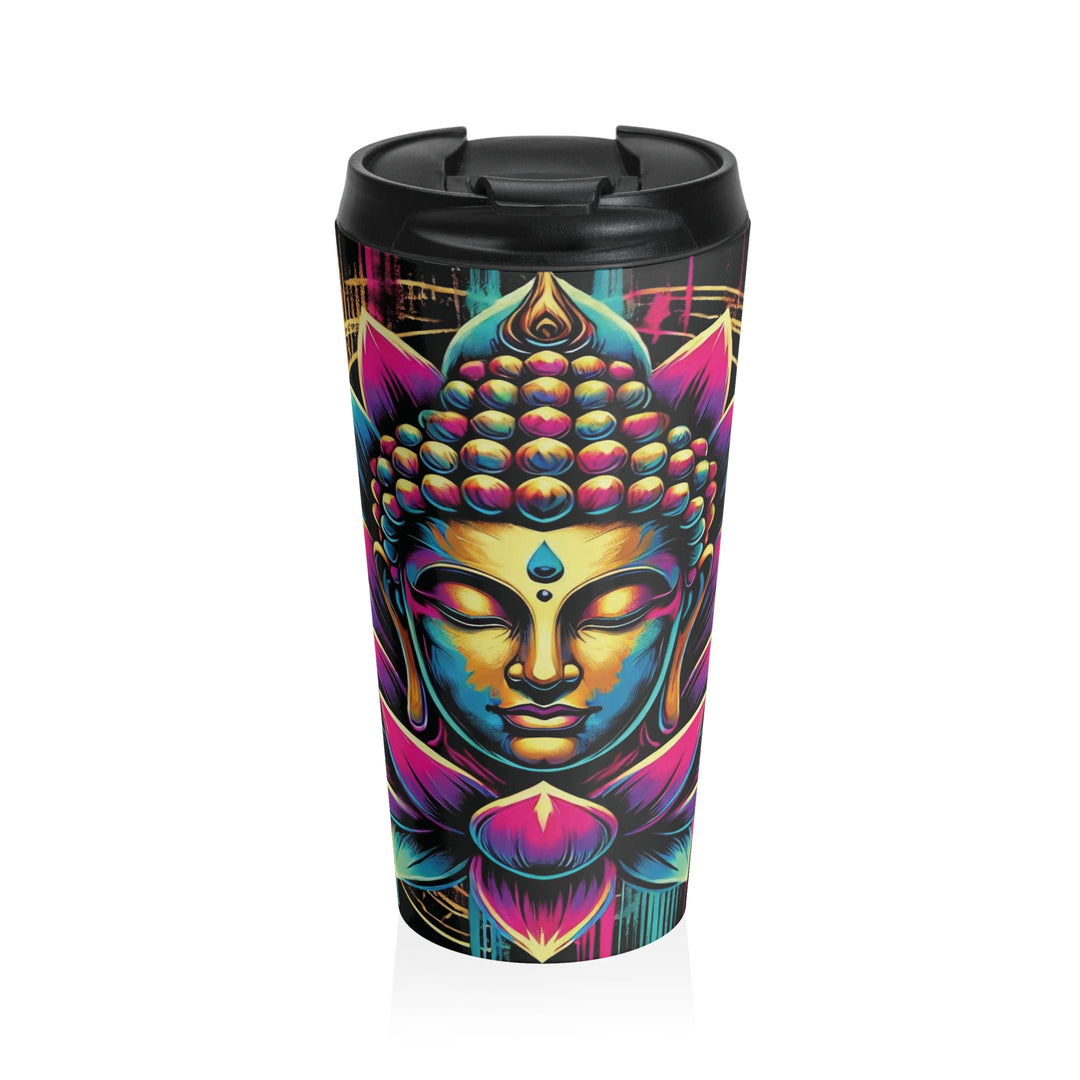 Mindful Spirit Stainless Steel Travel Mug 15oz, perfect for keeping drinks hot or cold while promoting mindfulness on the go.