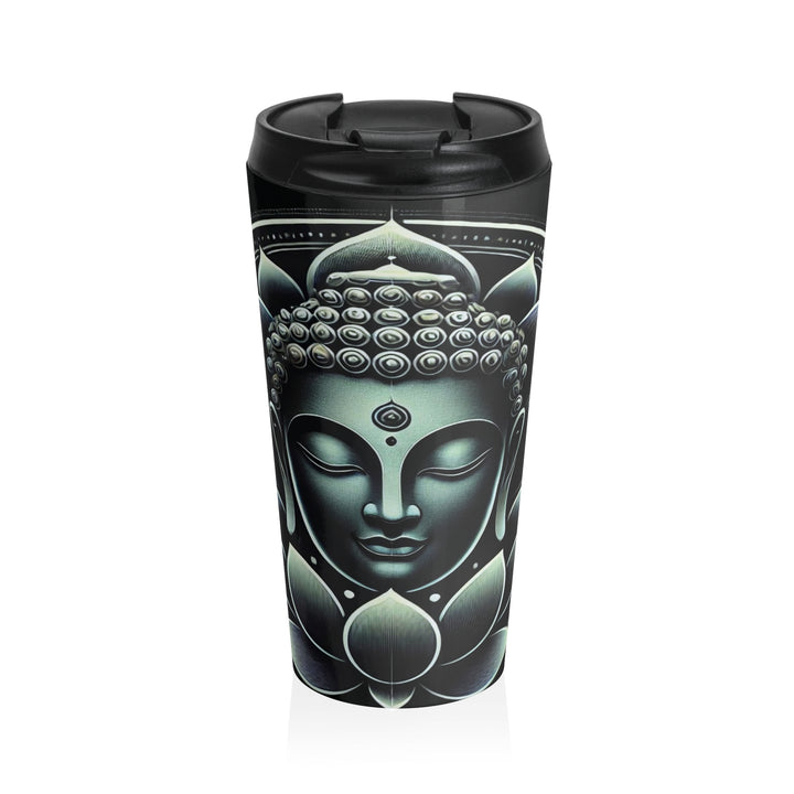 Sacred Lotus Stainless Steel Travel Mug 15oz, perfect for embracing peace and serenity while keeping drinks hot or cold.