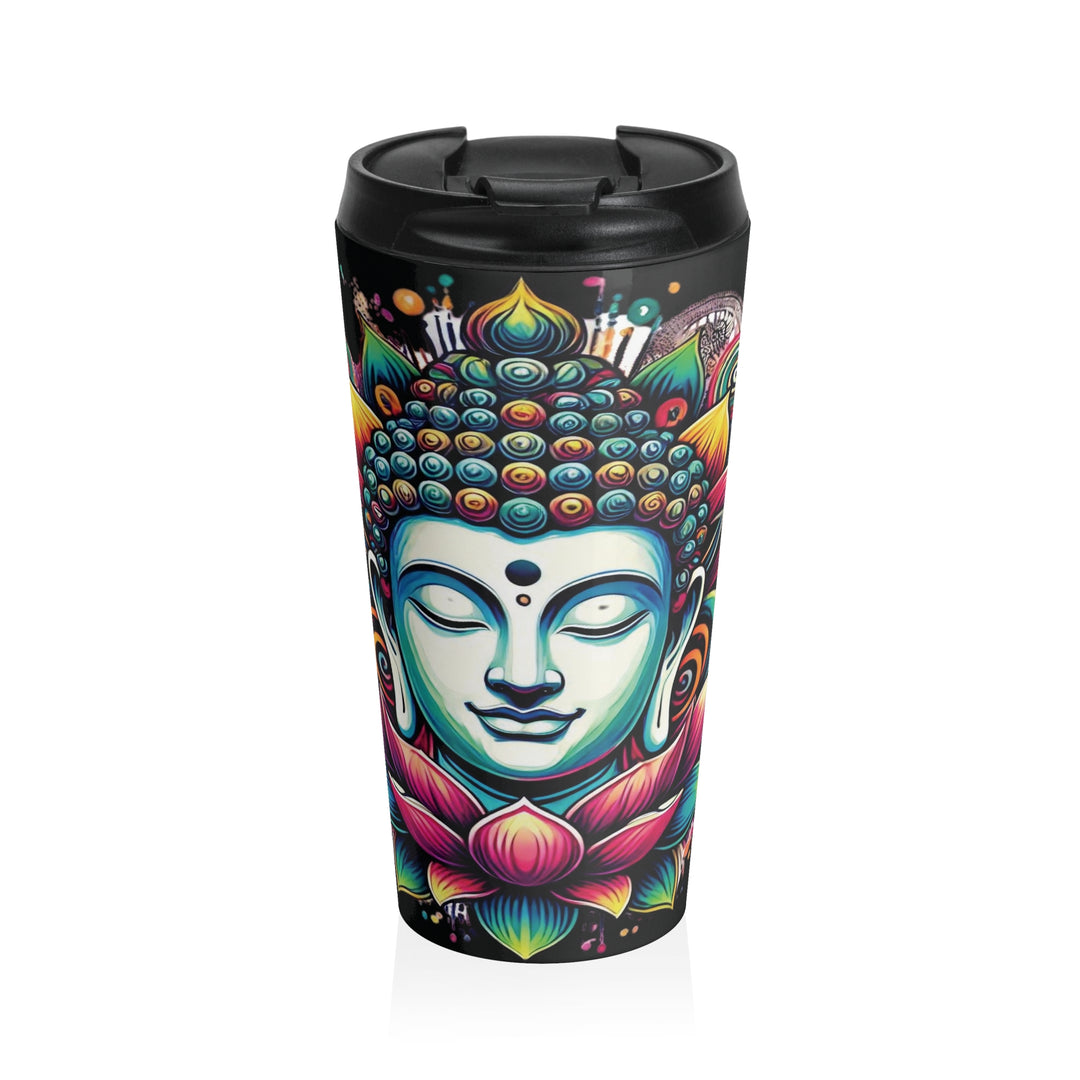 Serene Lotus Stainless Steel Travel Mug 15oz with calming lotus design, perfect for keeping drinks warm or cool as you travel in style.