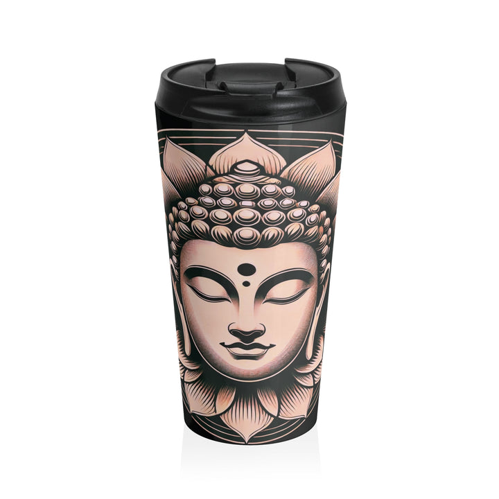 Tranquil Spirit Stainless Steel Travel Mug 15oz, designed for mindful living, perfect for keeping drinks hot or cold while on the go.